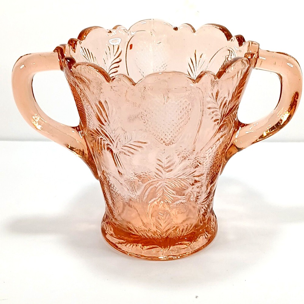 Inverted Strawberry Pattern Glass Spooner Double Handle Coral Peach Color